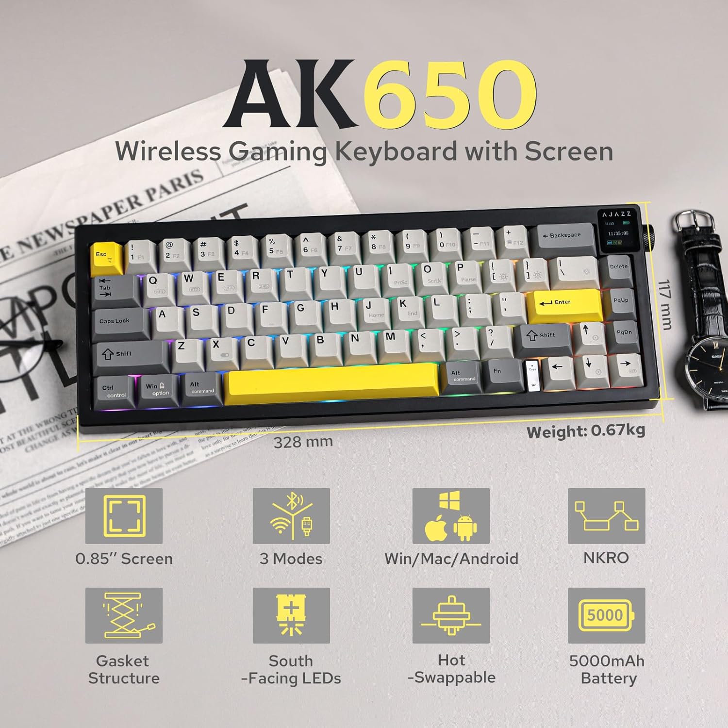 Gaming Keyboard Budget - Ajazz AK650 คีย์บอร์ดสําหรับเล่นเกม 0.85 ''หน้าจอ TFT
