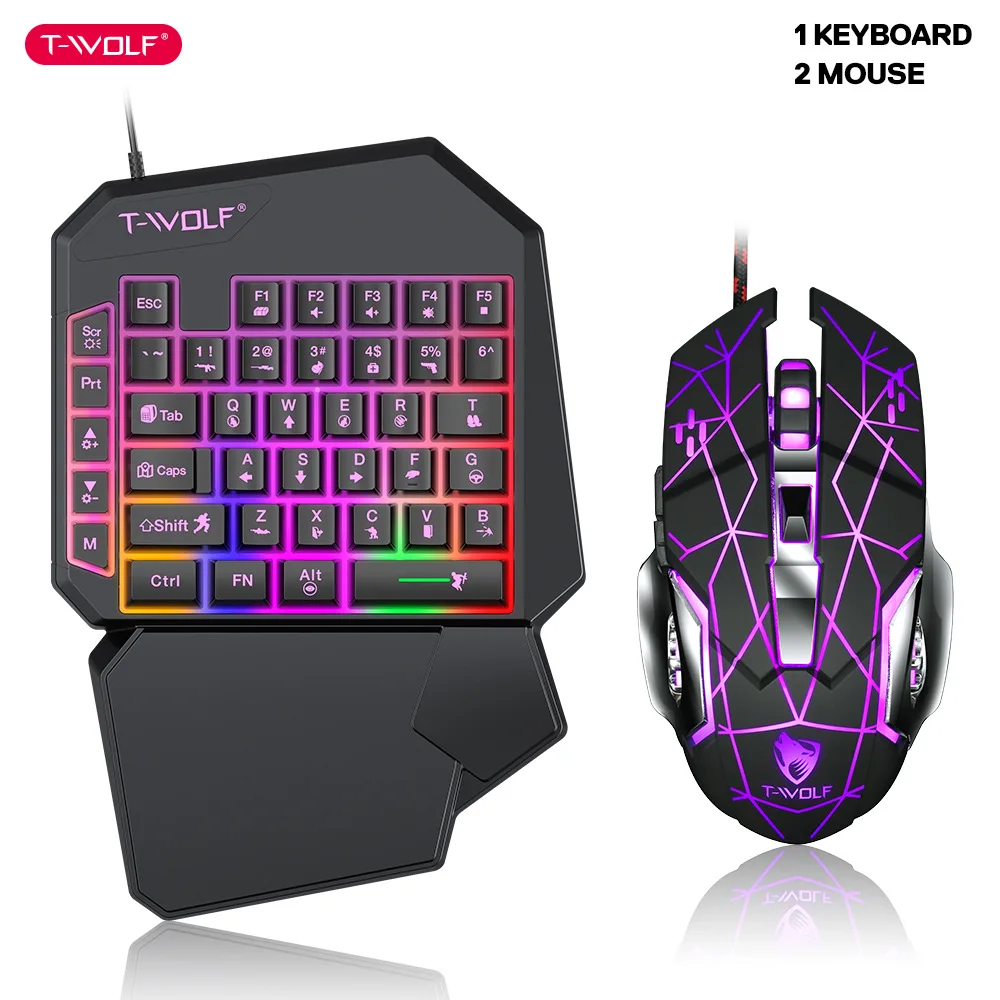 Gaming Keyboard Mobile - คีย์บอร์ดมือเดียว TF900 T-WOLF บัลลังก์เซ็ตเกมเรืองแสงมือถือกินไก่อุปกรณ์เสริมสำหรับเล่นเกม
