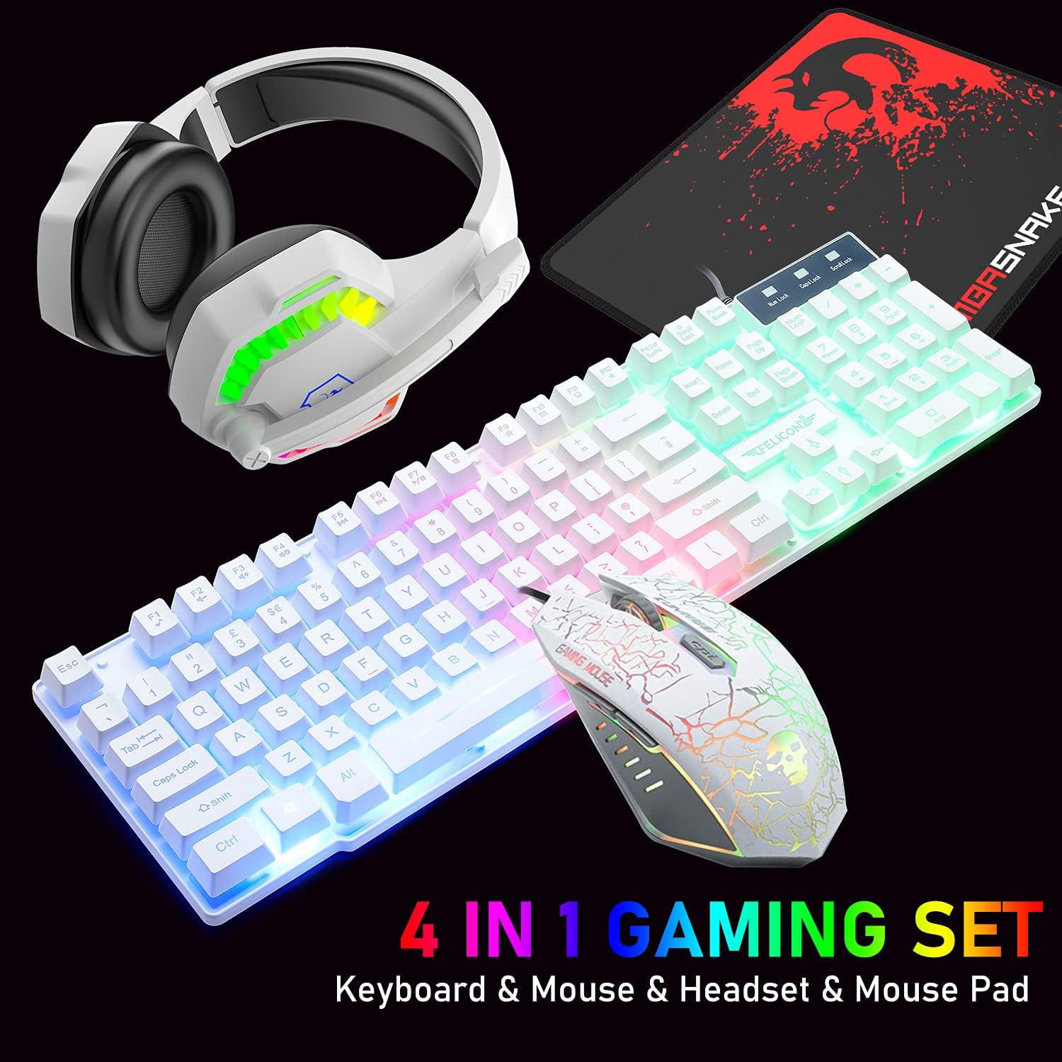 Gaming Keyboard Ergonomics - ชุดคอมโบคีย์บอร์ด เมาส์ หูฟัง และแผ่นรองเมาส์สำหรับเล่นเกม MAMBASNAKE T11