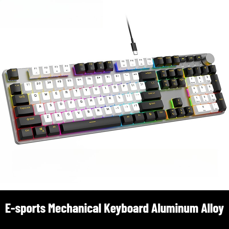 Gaming Keyboard No Noise - คีย์บอร์ดเกมมิ่งแบบมีสาย อลูมิเนียมอัลลอยด์ ปุ่มเรดสวิตช์เสียงเบา พร้อมไฟแบ็คไลท์ และปุ่มปรับระดับเสียง