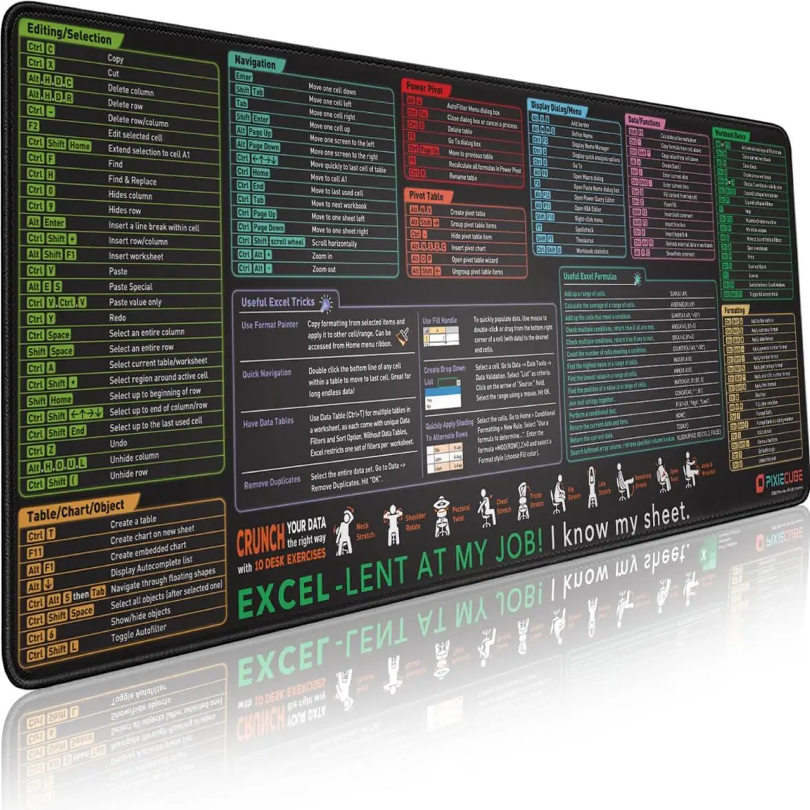 Gaming Keyboard High Ground - แผ่นรองเมาส์ขนาดใหญ่สำหรับ Office Excel Shortcut พร้อมฐานยางกันลื่นแบบเย็บขอบ สำหรับโต๊ะเกมมิ่ง