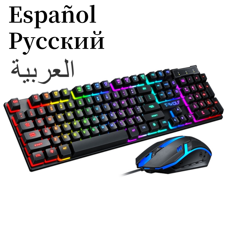 Gaming Keyboard Budget - แป้นพิมพ์ภาษาสเปนพร้อมเค้าโครงภาษาสเปน รัสเซียแป้นพิมพ์ภาษาอาหรับเมาส์ชุด 100% คีย์บอร์ด ISO สี