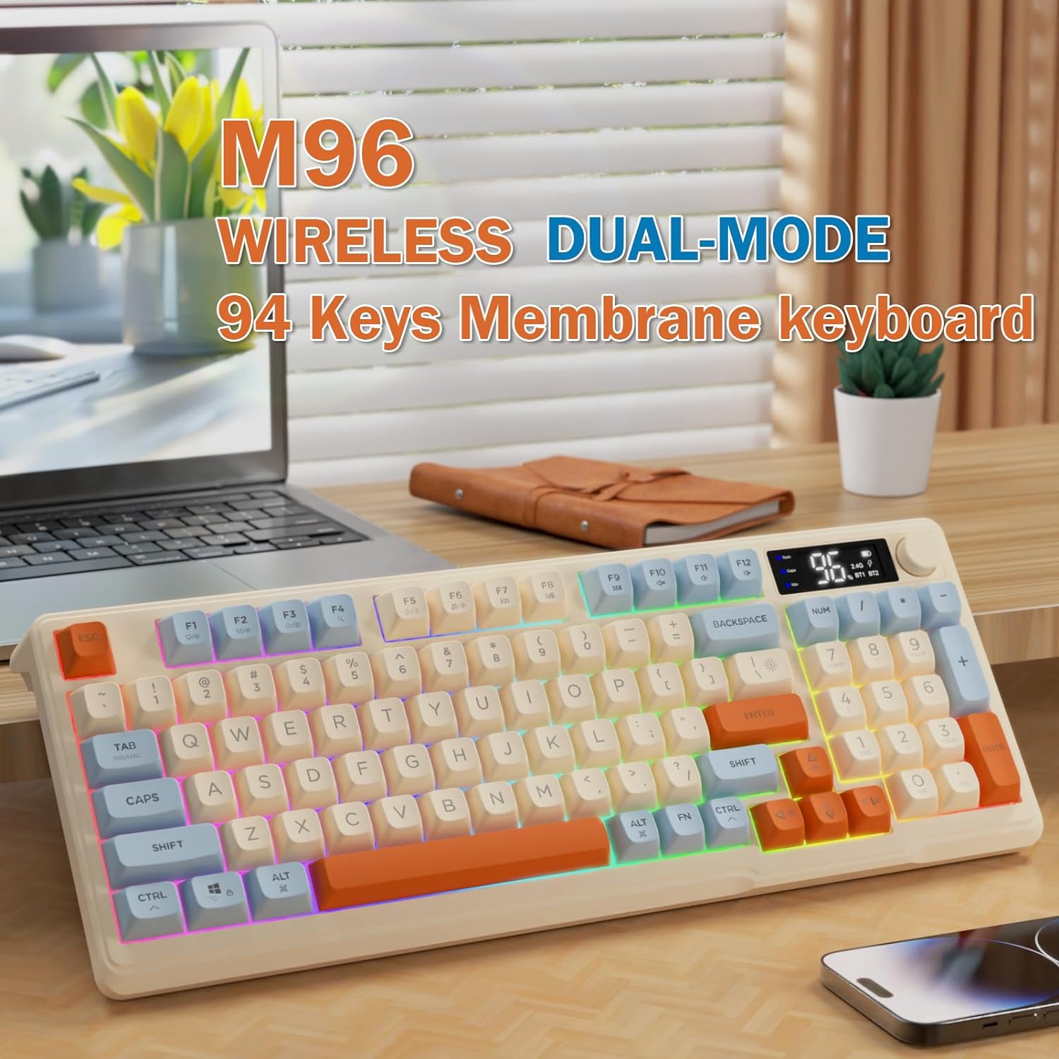 Gaming Keyboard That Is Quiet - ZIYOU LANG คีย์บอร์ดเกมไร้สายพร้อมหน้าจอแสดงผลและลูกบิด, บลูทูธ/คีย์บอร์ดเมมเบรนเงียบ 2.4GHz, ชาร์จ