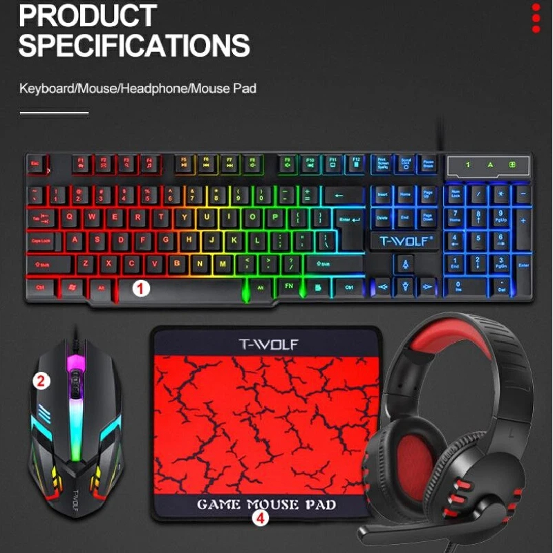 Gaming Keyboard Mouse And Headset Combo - ชุดคีย์บอร์ดเกมมิ่ง 4 in 1 พร้อมไฟ RGB