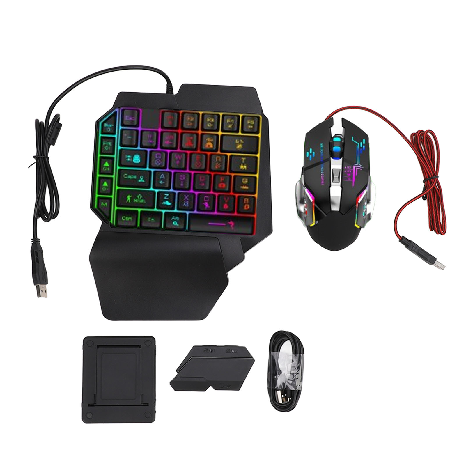 Gaming Keyboard Hand - ชุดแปลงเมาส์คีย์บอร์ด ชุดคีย์บอร์ดเมาส์แบบมือเดียวที่ตอบสนองได้รวดเร็ว ชาร์จ 5V 2A พร้อมที่วางโทรศัพท์แบบปรับได้สำหรับเล่นเกม