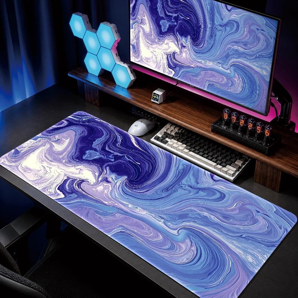 Gaming Keyboard Blue - แผ่นรองเมาส์ลายฟลูอิดอาร์ตสีน้ำเงิน-ม่วงสุดสร้างสรรค์ - แผ่นรองโต๊ะคอมพิวเตอร์ที่ทนทานและกันการสึกหรอ - สำหรับสำนักงาน เกม
