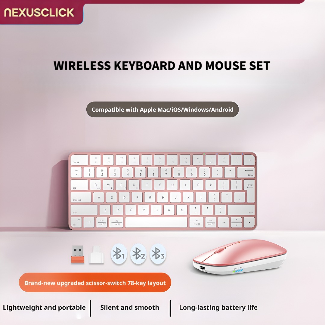 Gaming Keyboard That Is Quiet - เน็กซัสคลิก คอมโบคีย์บอร์ดไร้สายแบบบางพิเศษ, 4 โหมด, ชาร์จใหม่ได้, โปรไฟล์ต่ำเงียบ,