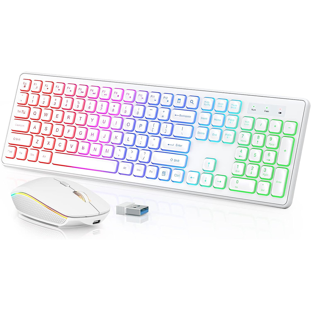Gaming Keyboard Mouse Wireless - คีย์บอร์ดและเมาส์ไร้สายแบบมีไฟพื้นหลัง, ปุ่มเรืองแสงเงียบ, ขาตั้งปรับเอียงได้, ชุดคอมโบไร้สายแบบชาร์จไฟได้ผ่าน USB สำหรับคอมพิวเตอร์,